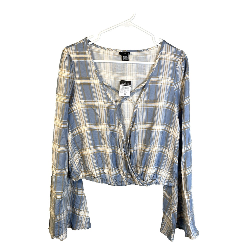 NEW‎ Rue21 Crop Top Medium Blouse Shirt Blue Plaid Rodeo Country Cottage Preppy